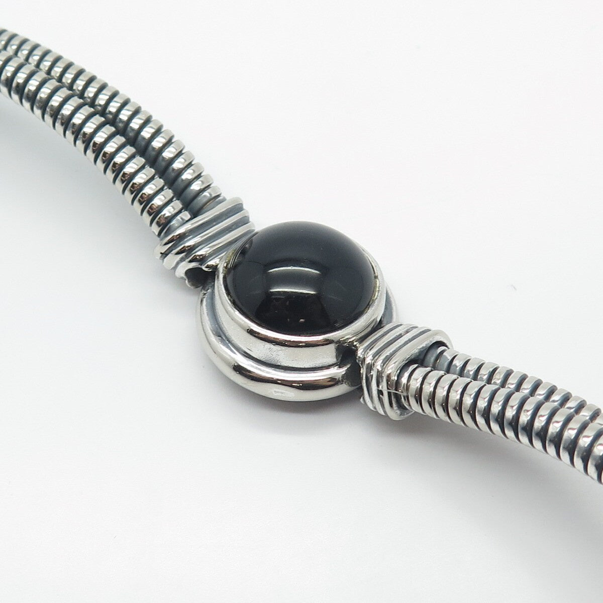 925 Sterling Silver Vintage Black Onyx Gem 2-Row Tubogas Link Bracelet 6.75"