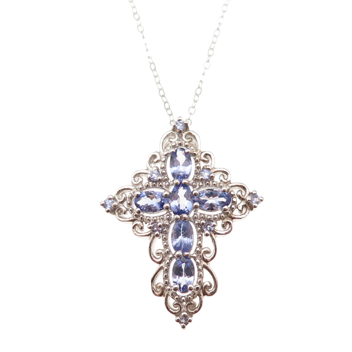 Chuck Clemency 925 Sterling Silver Real Tanzanite Cross Cable Chain Necklace 20"