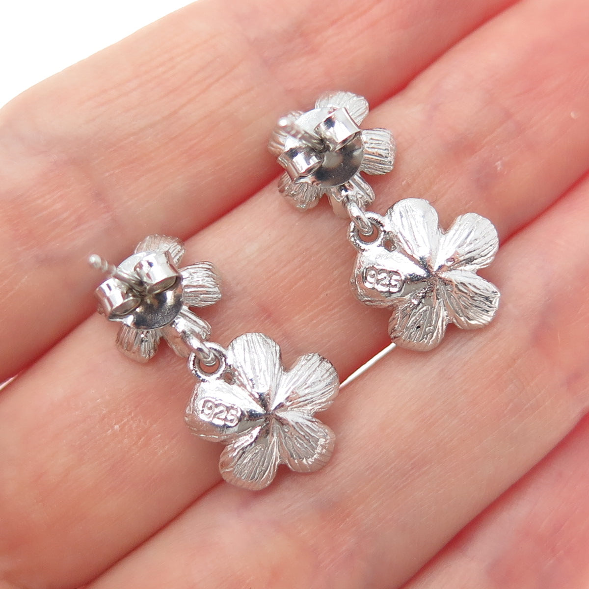 925 Sterling Silver Round-Cut C Z Flower Blossom Dangle Earrings