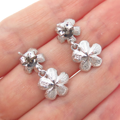 925 Sterling Silver Round-Cut C Z Flower Blossom Dangle Earrings