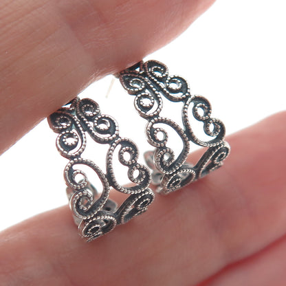 925 Sterling Silver Vintage Heart Ornate Oxidized Hoop Earrings