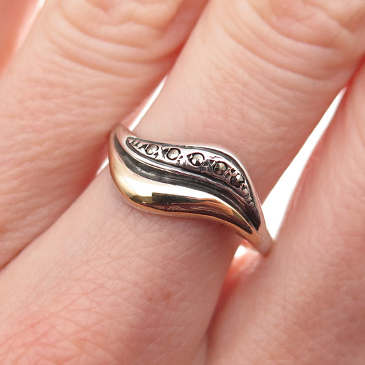 925 Sterling Silver 10K Gold Vintage Real Marcasite Wavy Oxidized Ring Size 8.5
