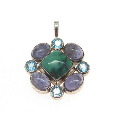 925 Sterling Silver Vintage Real Turquoise Amethyst & Blue Topaz Gem Pendant