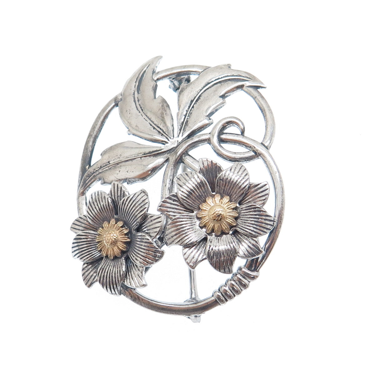 W. E. RICHARDS 925 Sterling Silver 2-Tone Antique Flower Oxidized Pin Brooch