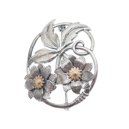 W. E. RICHARDS 925 Sterling Silver 2-Tone Antique Flower Oxidized Pin Brooch