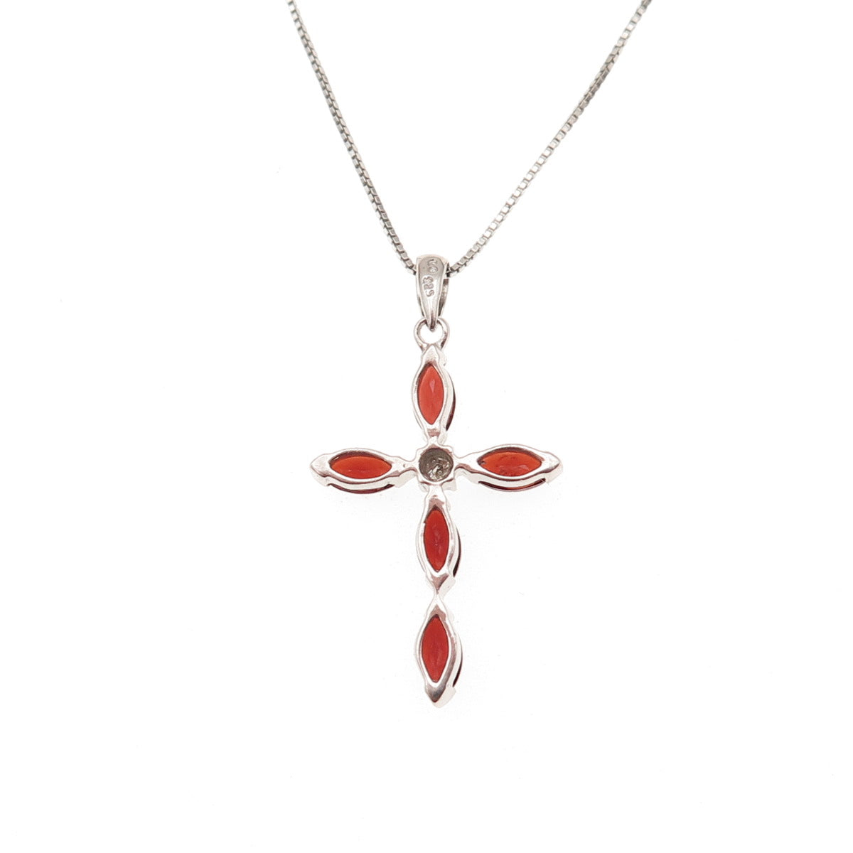 925 Sterling Silver Real Diamond Accent Red Garnet Cross Box Chain Necklace 18"