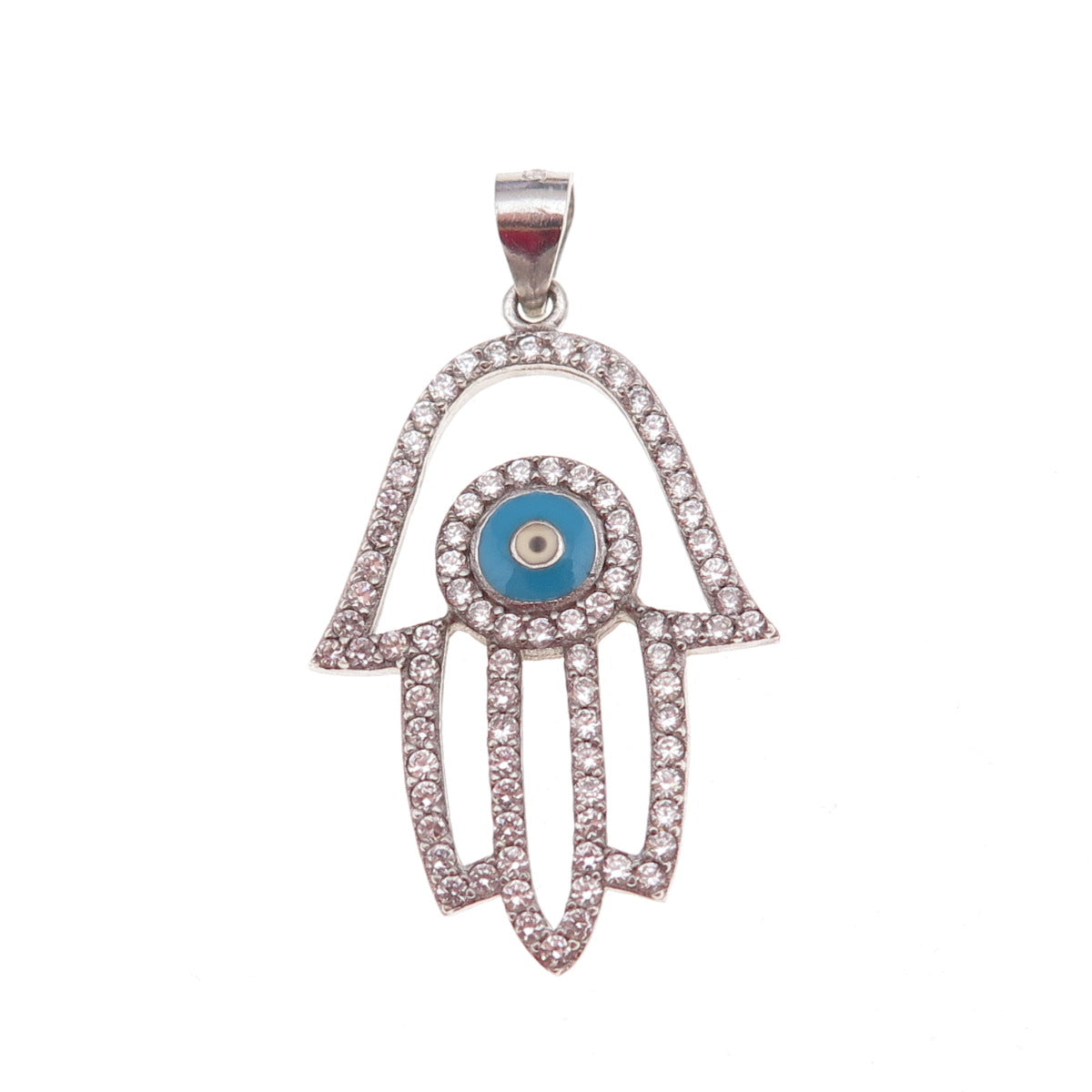 925 Sterling Silver Enamel & C Z Evil Eye Hamsa Amulet Charm Pendant