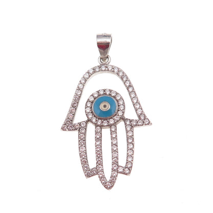 925 Sterling Silver Enamel & C Z Evil Eye Hamsa Amulet Charm Pendant
