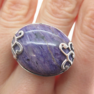 925 Sterling Silver Vintage Real Cabochon Sugilite Gemstone Swirl Ring Size 9.5