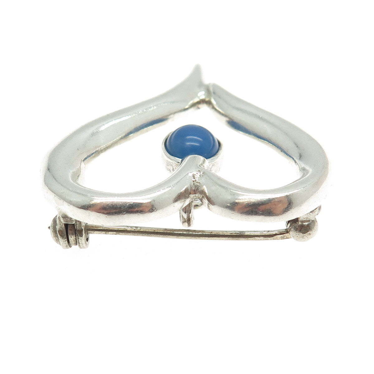 925 Sterling Silver Vintage Mexico Real Chalcedony Modernist Heart Pin Brooch