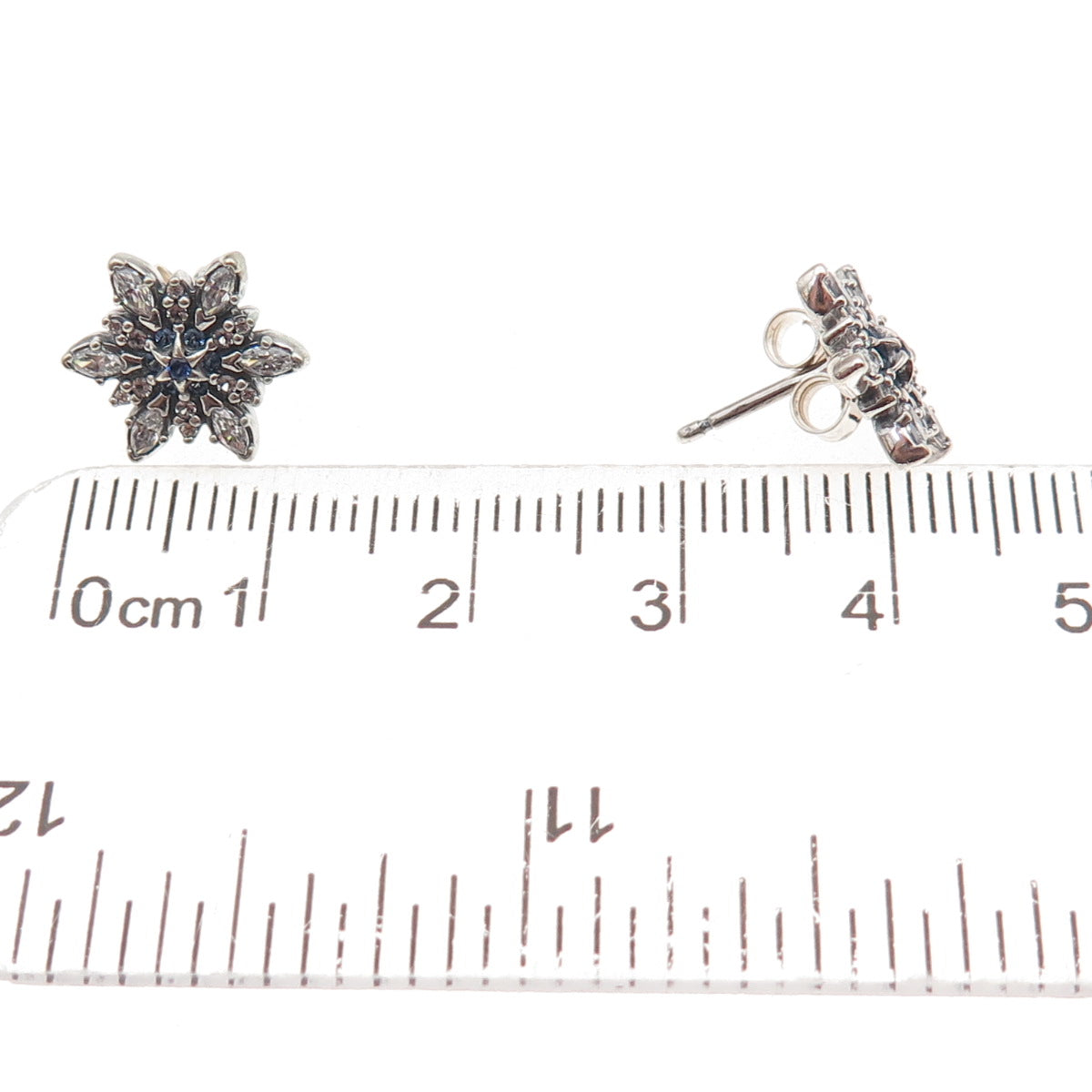 Pandora 925 Sterling Silver White & Blue C Z Sparkling Snowflake Stud Earrings