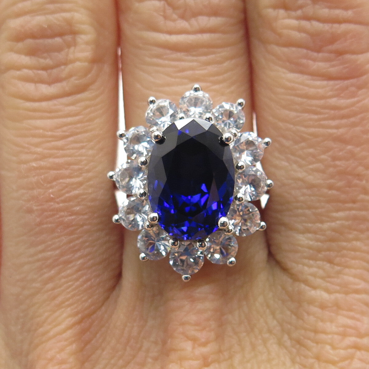 925 Sterling Silver Lab-Created Sapphire & Real White Topaz Ring Size 8.25