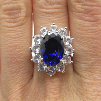 925 Sterling Silver Lab-Created Sapphire & Real White Topaz Ring Size 8.25
