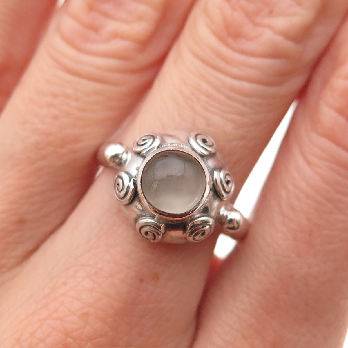 925 Sterling Silver Vintage Real Moonstone Spiral Oxidized Ring Size 7.5