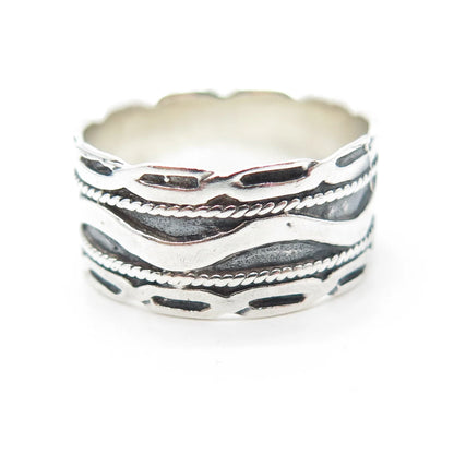925 Sterling Silver Vintage MC Wavy Wide Band Ring Size 8