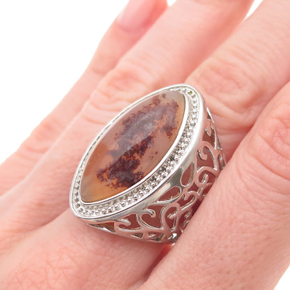 Ken Crafts 925 Sterling Silver Real Agate Floral Scroll Ring Size 7.25