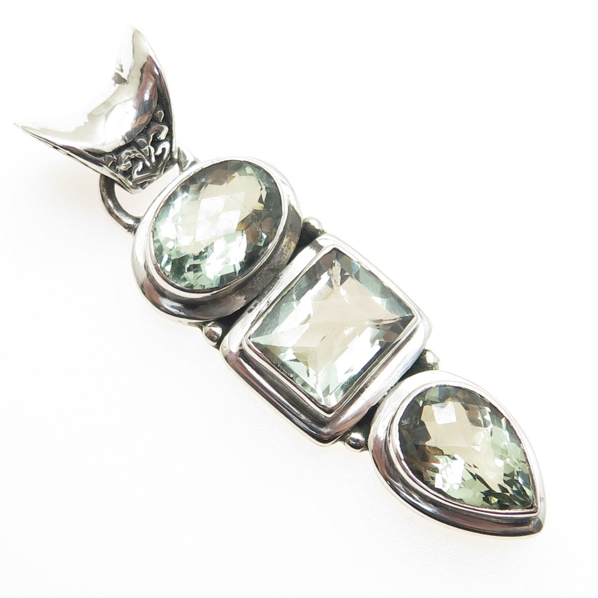 925 Sterling Silver Vintage Real Green Amethyst Gemstone Pendant