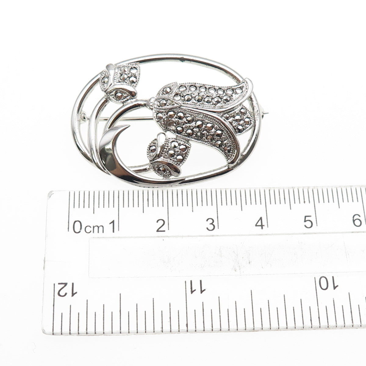 THEDA Sterling Silver Antique Art Deco Real Marcasite Tulip Flower Pin Brooch