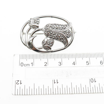 THEDA Sterling Silver Antique Art Deco Real Marcasite Tulip Flower Pin Brooch