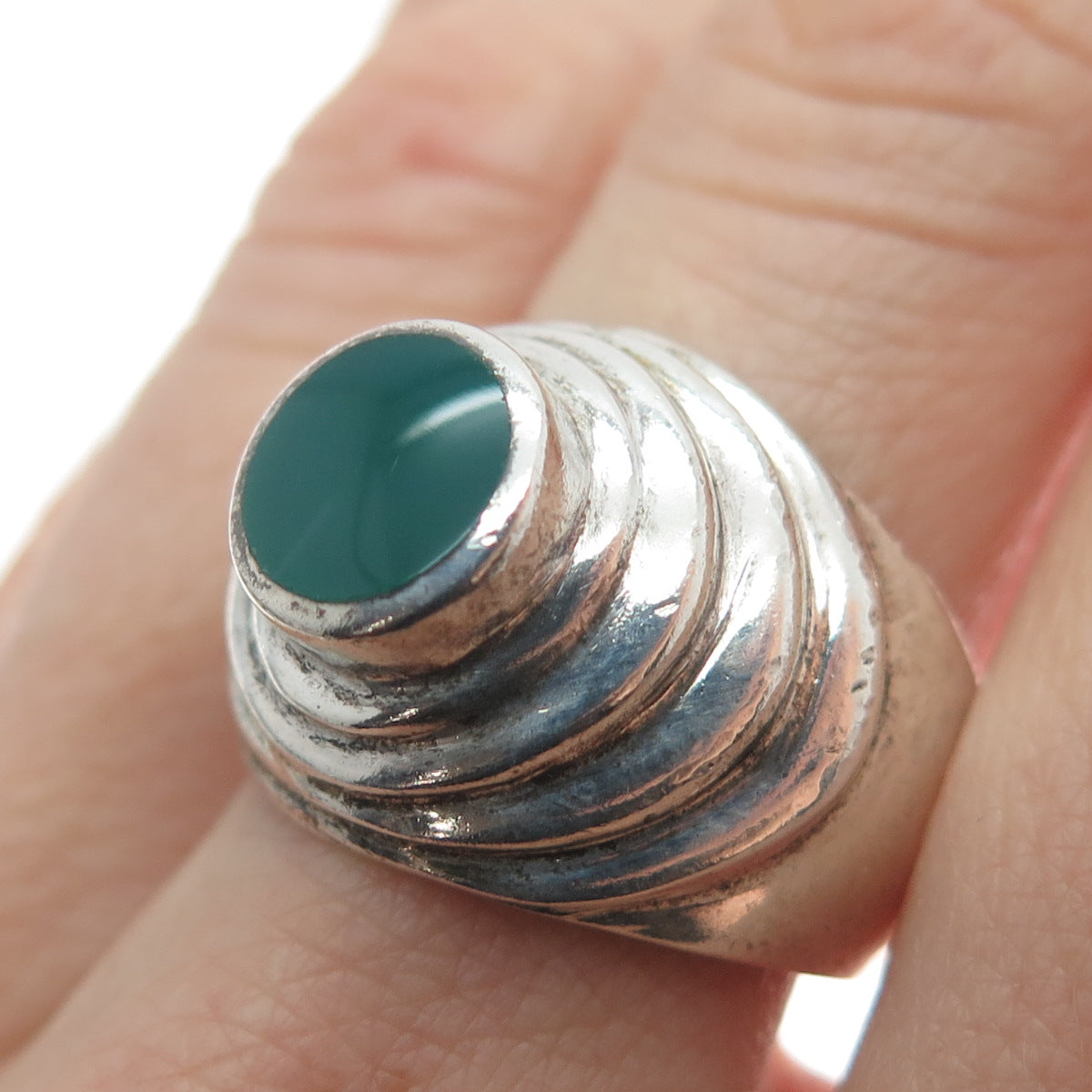 CHAPAL ZENRAY 925 Sterling Silver Vintage Real Green Onyx Oxidized Ring Size 7