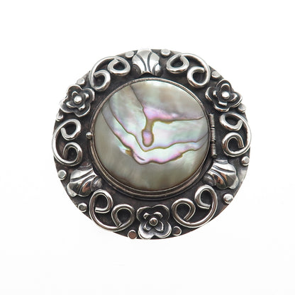 925 Sterling Silver Vintage Mexico Real MOP Oxidized Locket Pin Brooch / Pendant