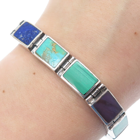 925 Sterling Silver Vintage BAC Real Multi-Color Gem Dual Sided Bracelet 6.25"