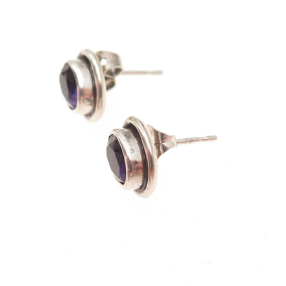 925 Sterling Silver Vintage Real Oval-Cut Amethyst Oxidized Stud Earrings