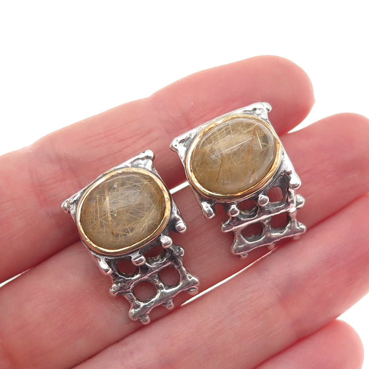 925 Sterling Silver 14K Gold Vintage Real Rutilated Quartz Modernist Earrings