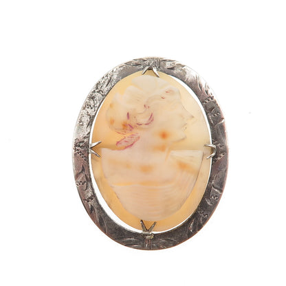 925 Sterling Silver Antique Art Deco Real MOP Carved Lady Cameo Pin Brooch