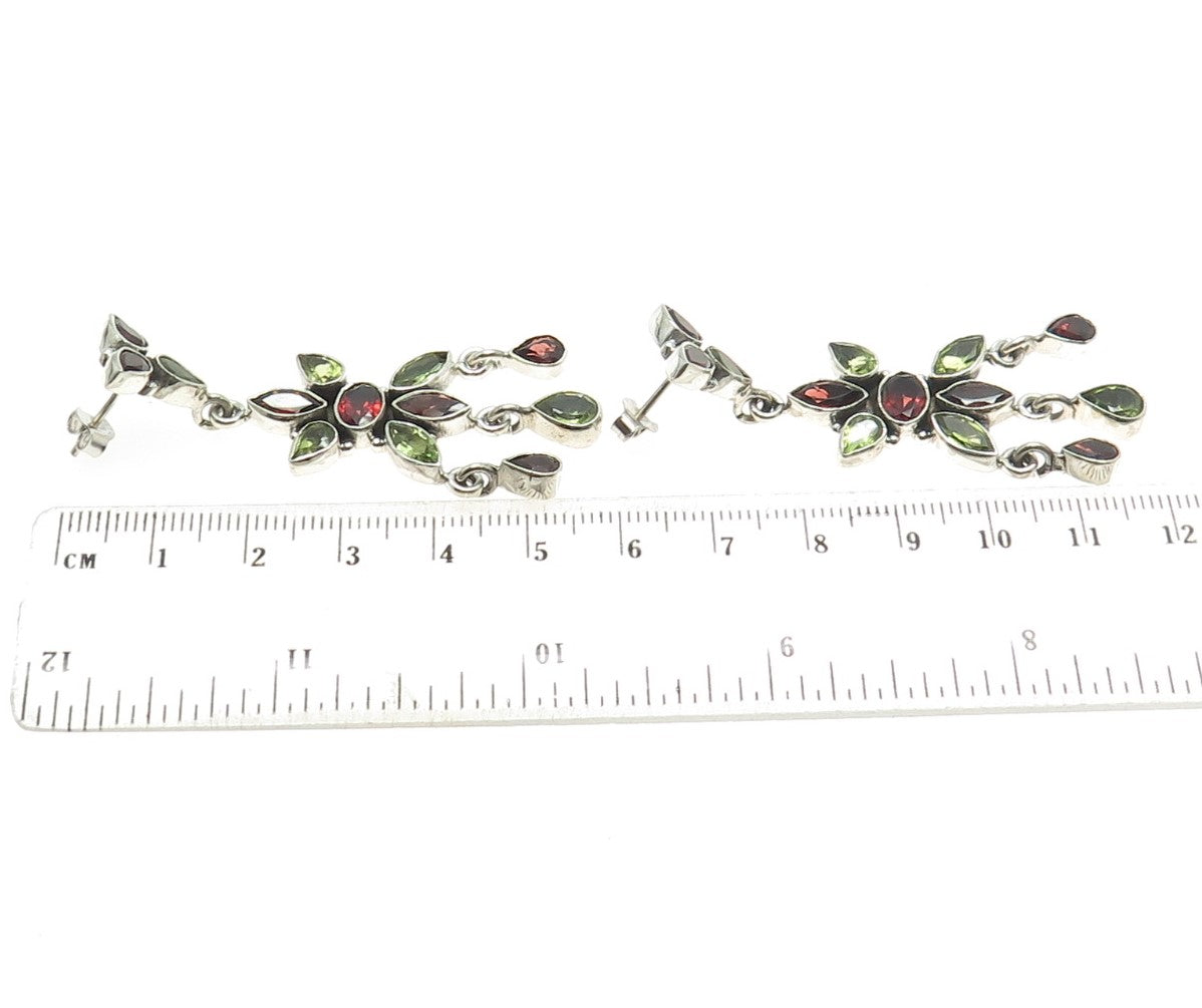 925 Sterling Silver Vintage Real Multi-Cut Red Garnet Peridot Dangling Earrings