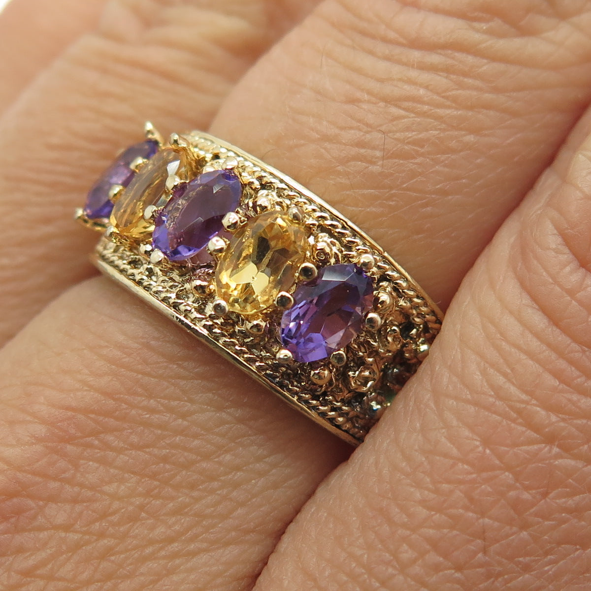 925 Sterling Silver Gold Plated Real Amethyst & Citrine Gemstone Ring Size 8