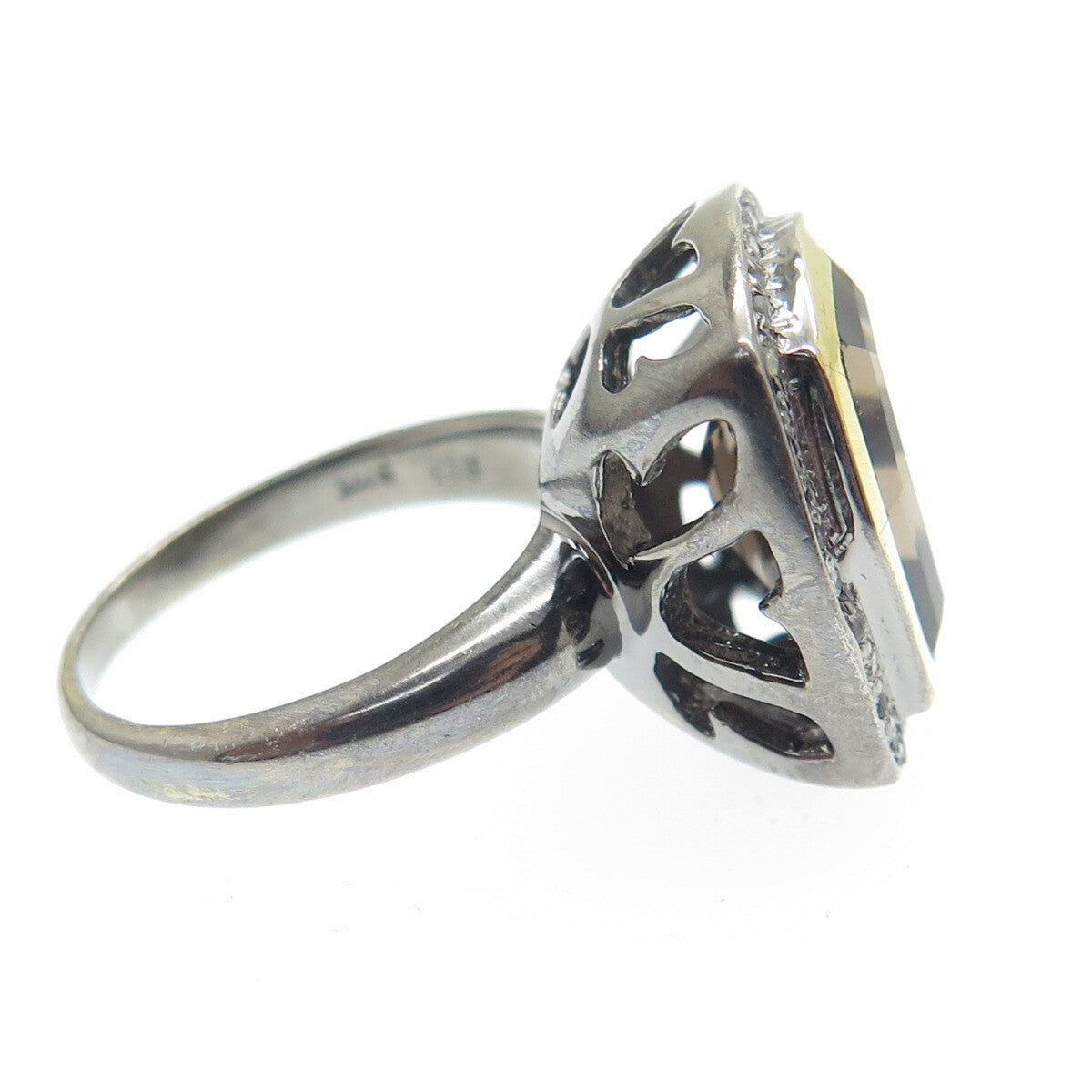 925 Sterling Silver Black Rhodium 2-Tone Diamond & Smoky Quartz Ring Size 5