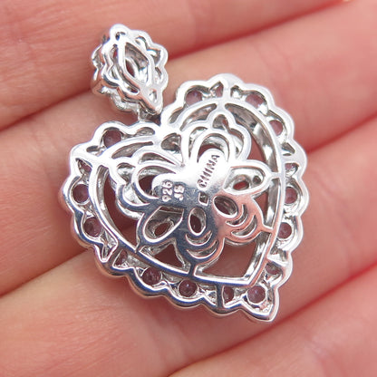 925 Sterling Silver Real Diamond & Tanzanite Heart Cluster Slide Charm Pendant