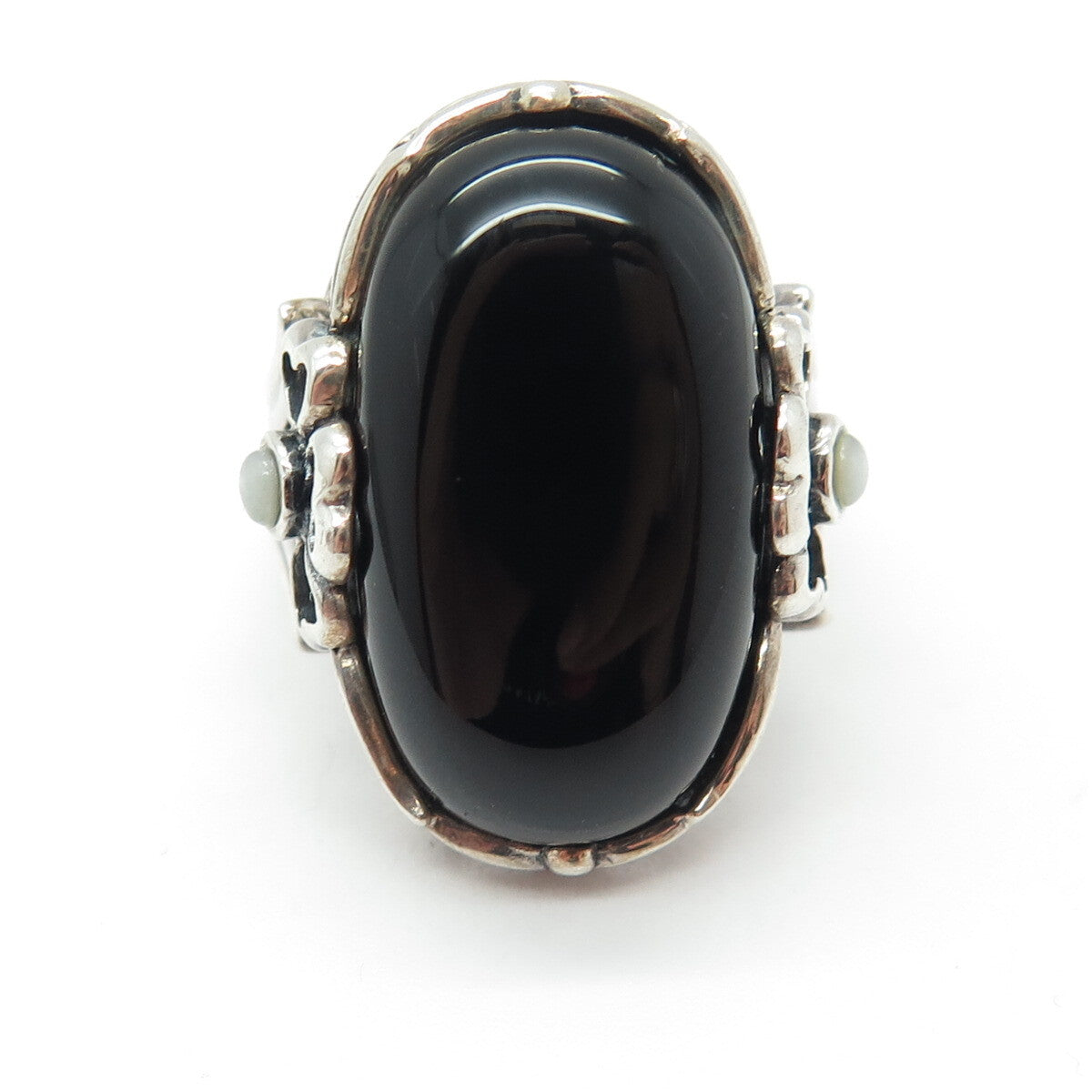 SX SALLY C 925 Sterling Silver Vintage Real Black Onyx & MOP Clover Ring Size 8
