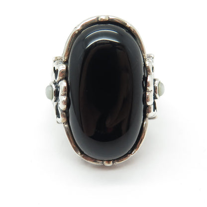 SX SALLY C 925 Sterling Silver Vintage Real Black Onyx & MOP Clover Ring Size 8