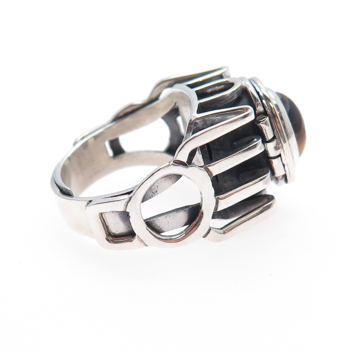 925 Sterling Silver Vintage Mexico Tiger Eye Modernist Oxidized Ring Size 7.25