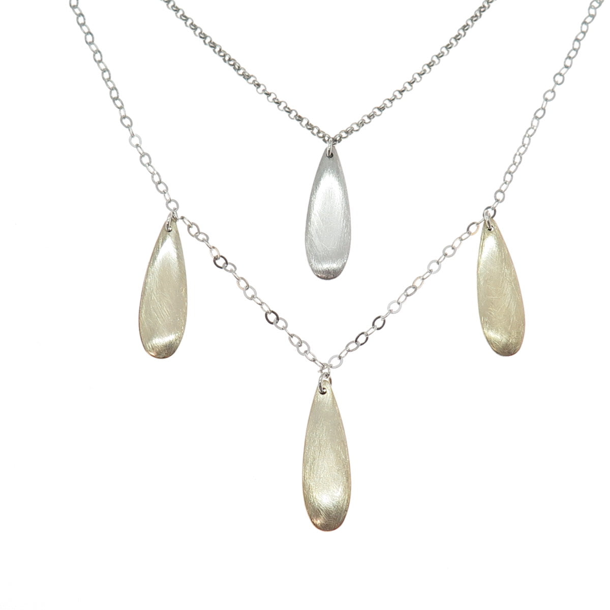 925 Sterling Silver 2-Tone Vintage Modernist Teardrop Double Chain Necklace 16"
