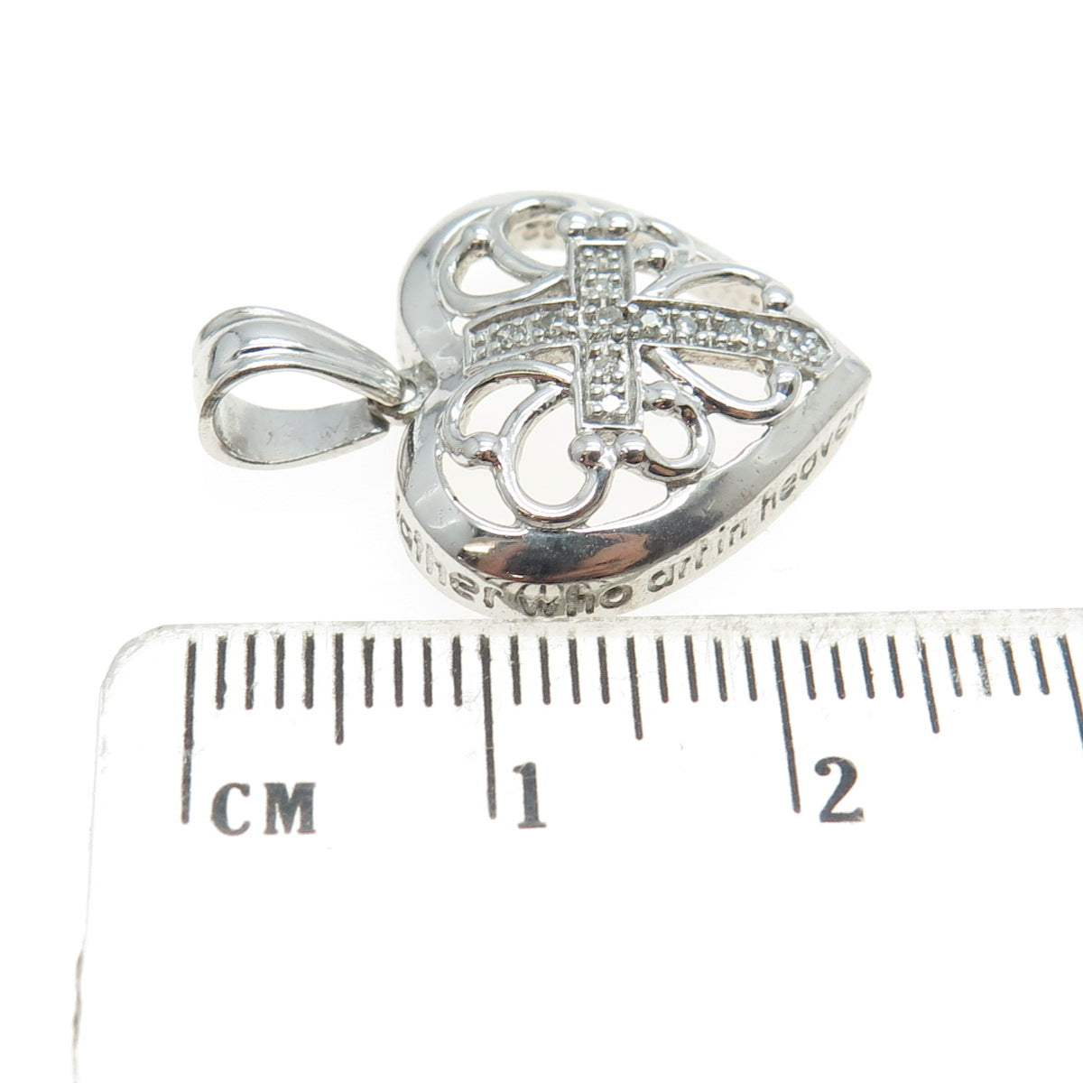 925 Sterling Silver Real Round-Cut Diamond Cross & Preyer Heart Pendant