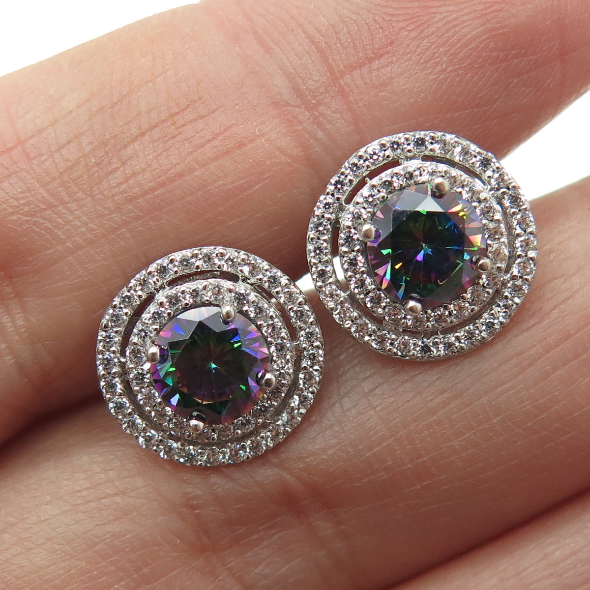 RIIF 925 Sterling Silver Real Round-Cut Mystic Topaz & C Z Stud Earrings