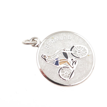 BREADNER CO 925 Sterling Silver Vintage Enamel Motorcycler Bermuda Charm Pendant