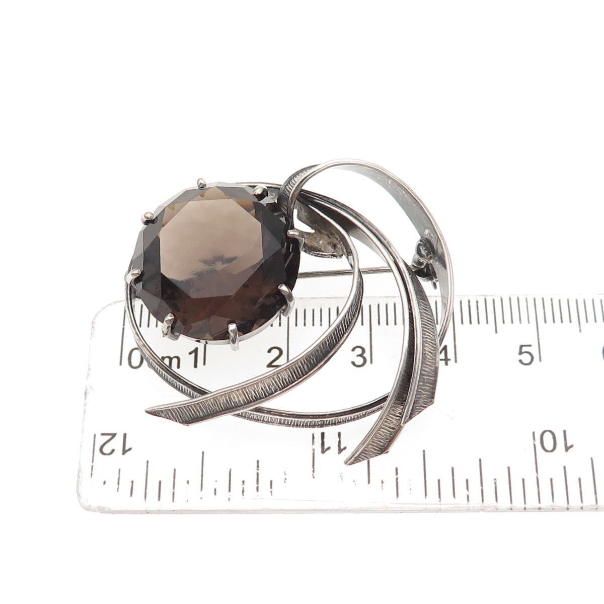 925 Sterling Silver Vintage Real Smoky Quartz Modernist Oxidized Pin Brooch