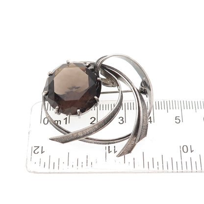 925 Sterling Silver Vintage Real Smoky Quartz Modernist Oxidized Pin Brooch