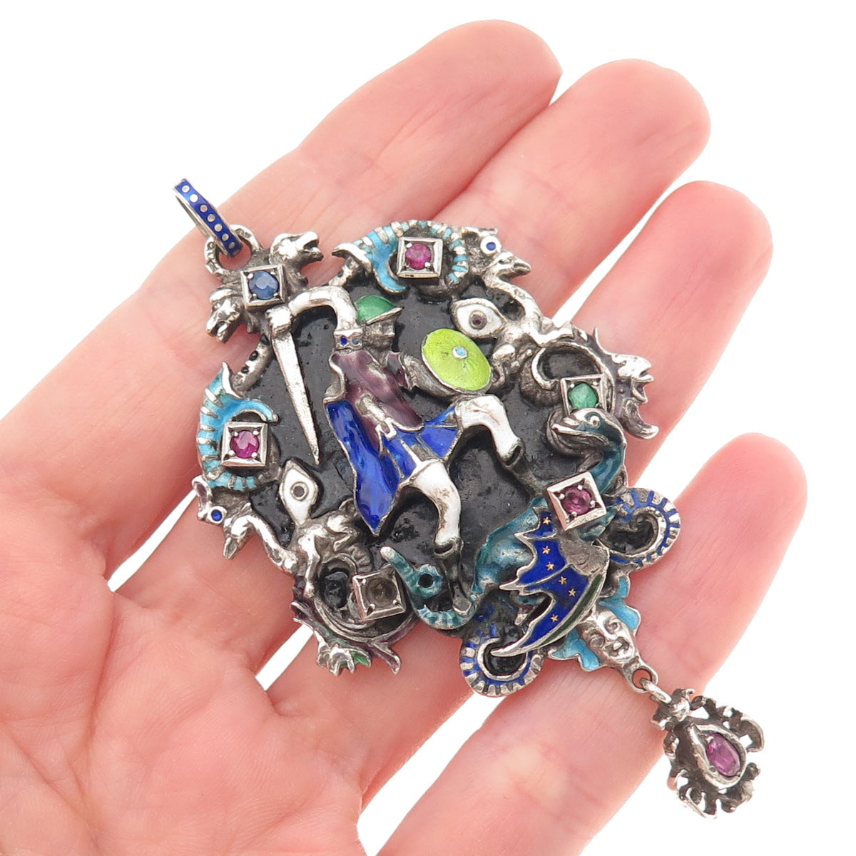 Antique Austro-Hungarian Silver Enamel Multi-Color Gem Pendant (missing 1 stone)