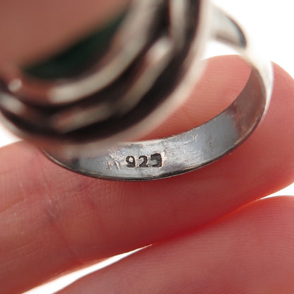 925 Sterling Silver Vintage Real Malachite Modernist Oxidized Ring Size 7.75