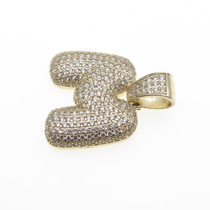 925 Sterling Silver Gold Plated Round-Cut C Z Letter M Initial Pendant