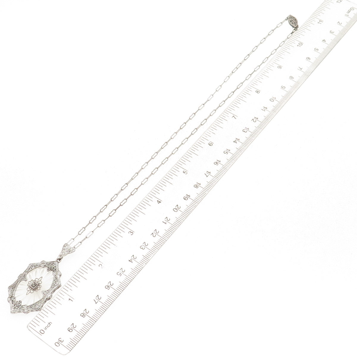 925 Sterling Antique Art Deco Rhinestone & Camphor Frosted Glass Necklace 18"