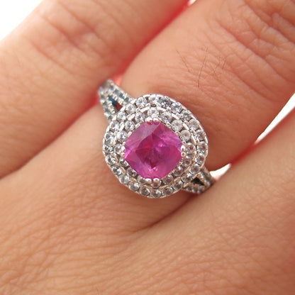 925 Sterling Silver Lab-Created Ruby & C Z Ring Size 5.25