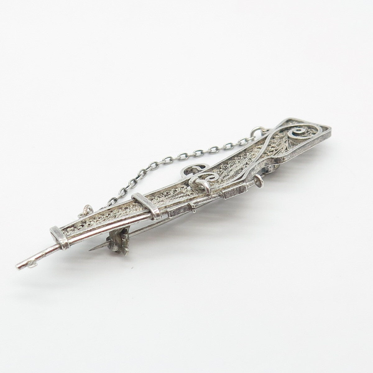 925 Sterling Silver Vintage Rifle Ornate Pin Brooch