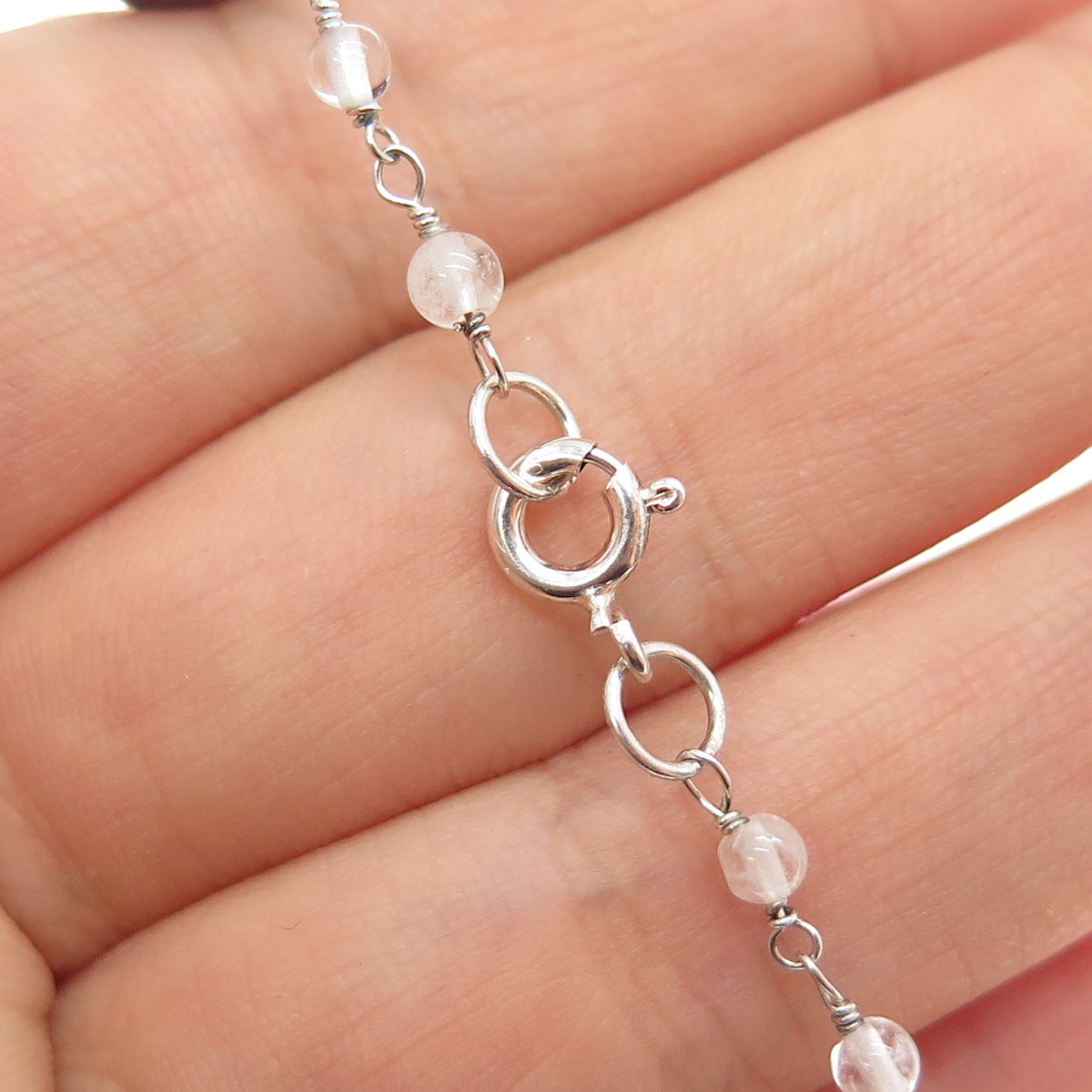 925 Sterling Silver Vintage Real Garnet Clear Crystal Beaded Chain Necklace 18"