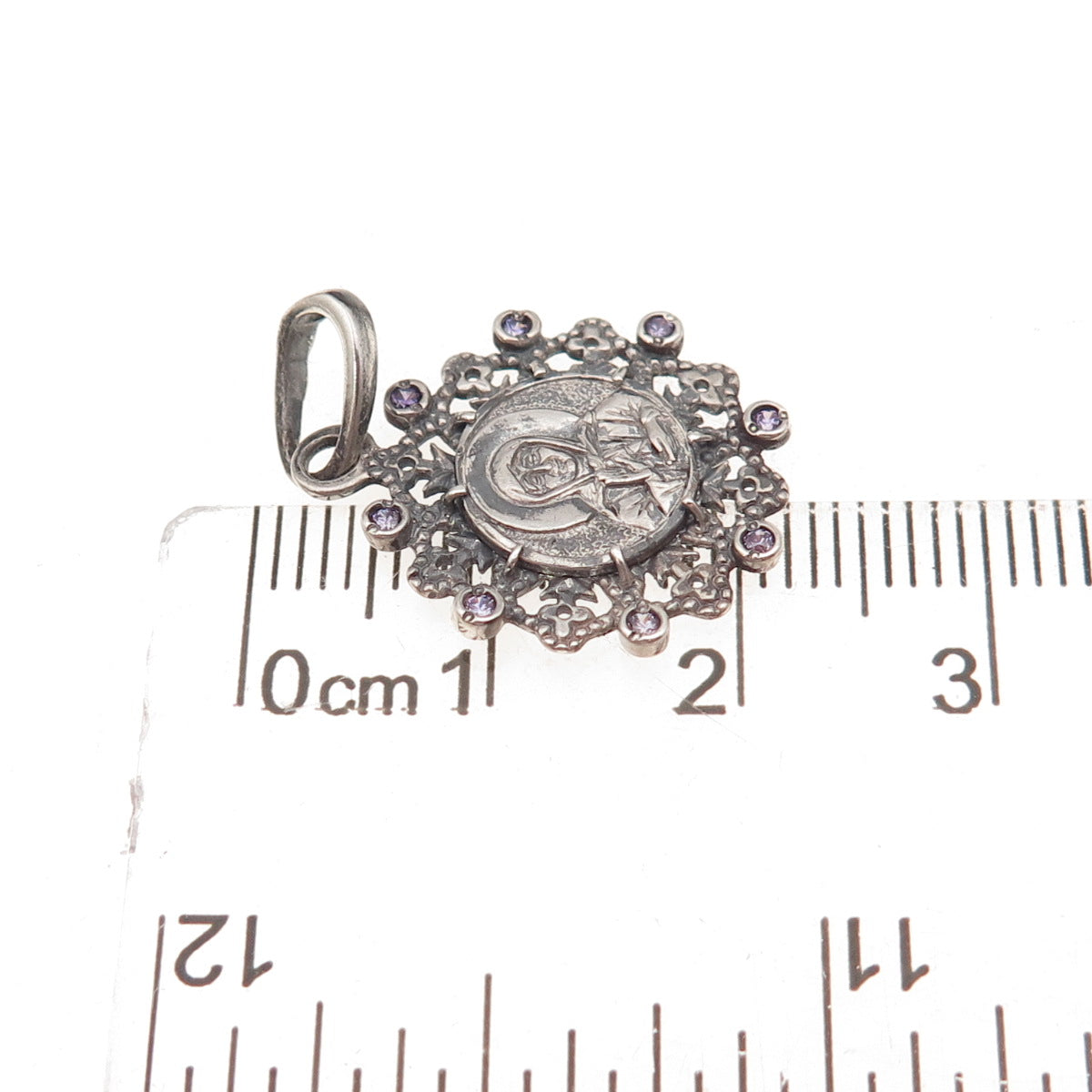 925 Sterling Silver Vintage Purple C Z St. Mary Orthodox Charm Pendant
